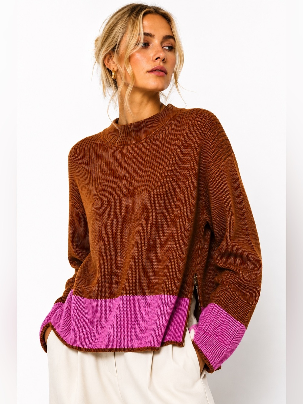 Varley Panama Knit Colorblock Mock Neck Sweater Small NWOT